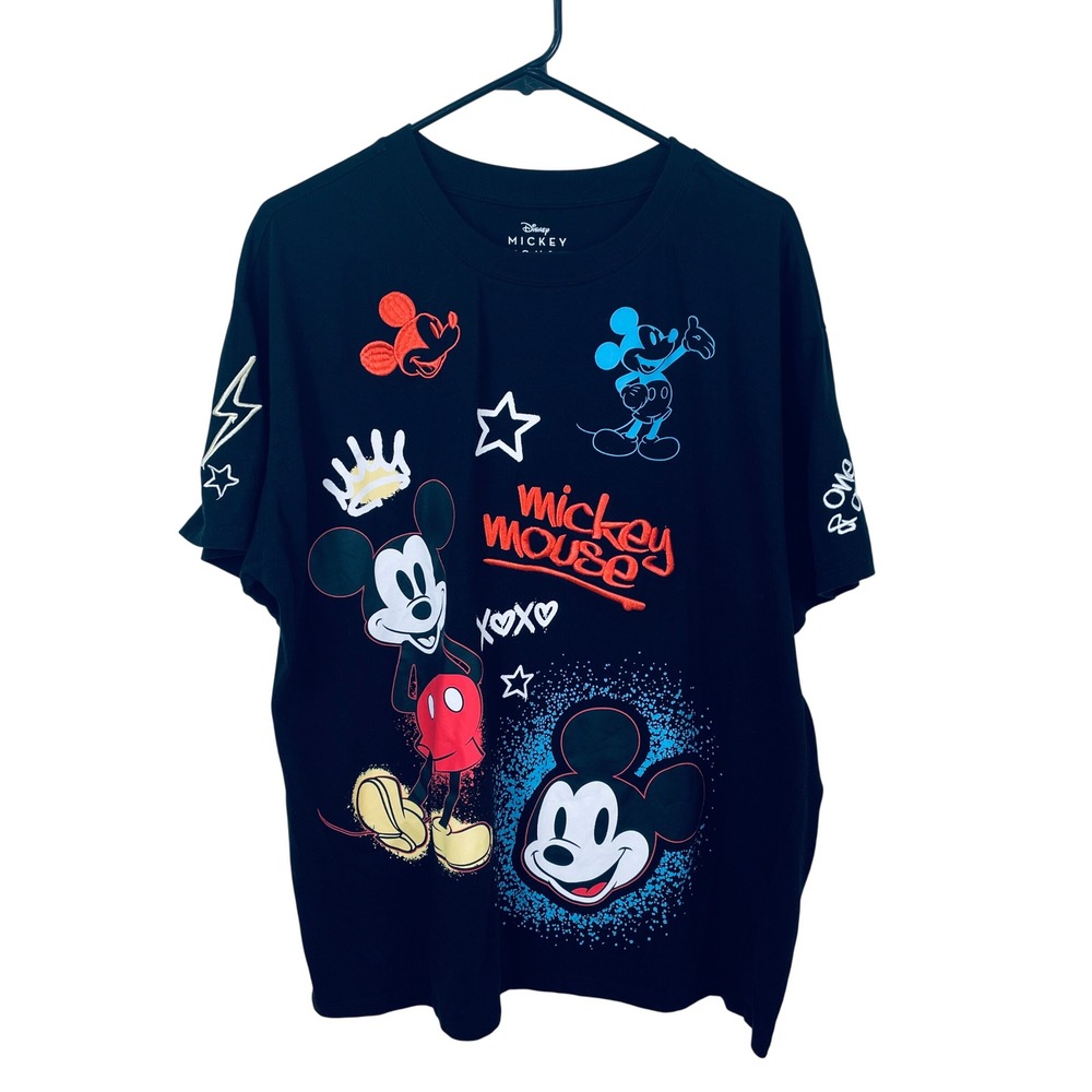 Disney Mickey Mouse Black Graphic T-Shirt XXL Embroidered Tee